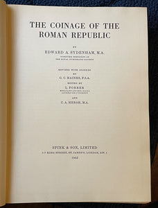 COINAGE OF THE ROMAN REPUBLIC - Sydenham, 1st 1952 - ANCIENT NUMISMATICS