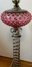 ANTIQUE HOBNAIL & BARLEY TWIST - PINK & CLEAR GLASS OIL Table LAMP, Electrified