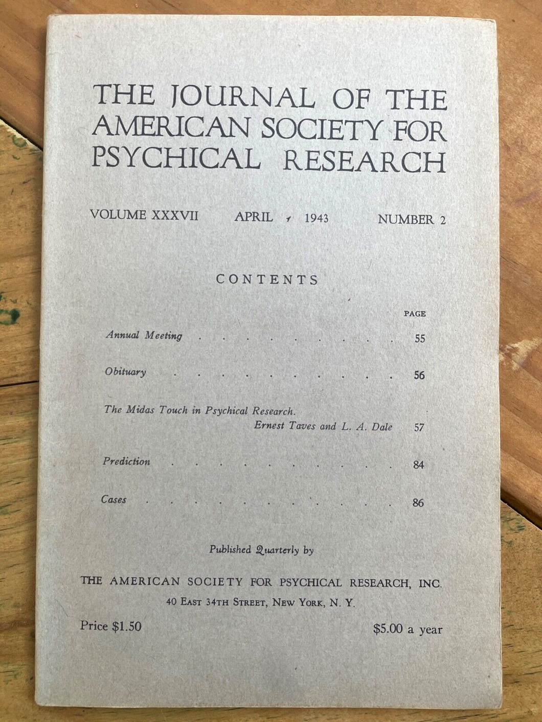 1943 JOURNAL OF AMERICAN SOCIETY FOR PSYCHICAL RESEARCH ASPR - PARANORMAL ESP