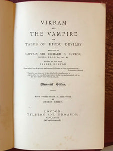 VIKRAM AND THE VAMPIRE: HINDU DEVILRY - Burton, Memorial Ed, 1893 GOTHIC HORROR