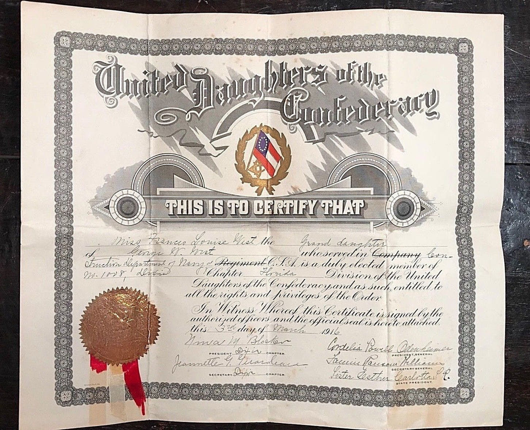 1916 United Daughters of the Confederacy Membership Certificate - George W. West