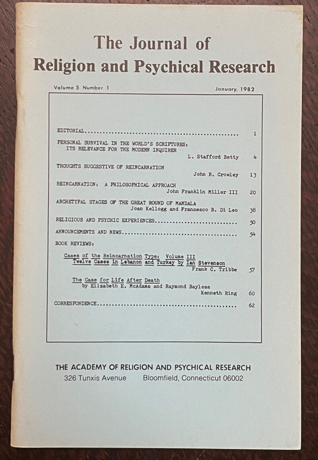 JOURNAL OF RELIGION AND PSYCHICAL RESEARCH - 1982 REINCARNATION MANDALA PSYCHIC