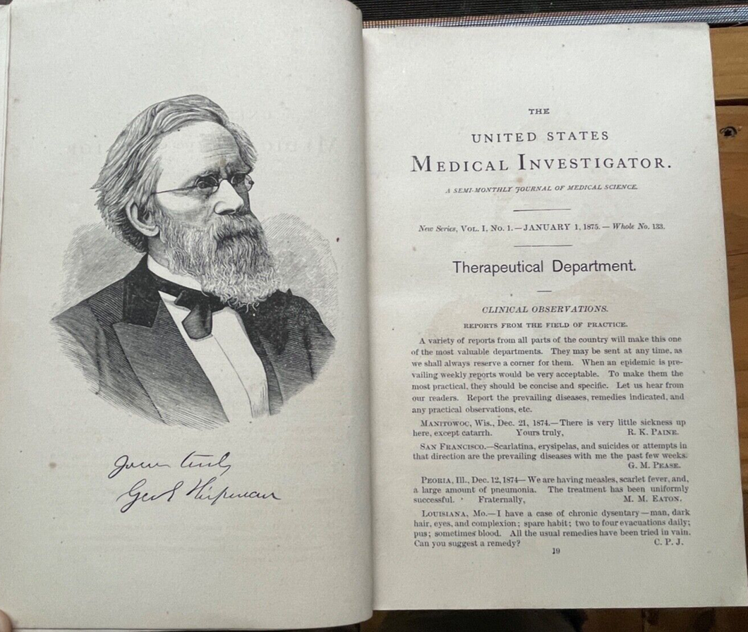 UNITED STATES MEDICAL INVESTIGATOR - Vols 1 & 2, 1875 SCIENCE MEDICINE REFERENCE