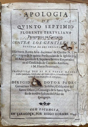 1644 APOLOGIA DE QUINTO SEPTIMIO FLORENTE TERTULIANO - TERTULLIAN, CHRISTIANITY