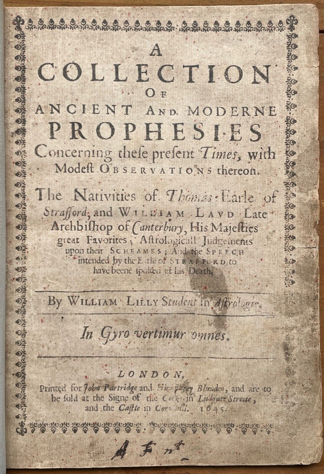 1645 - ANCIENT AND MODERN PROPHECIES - William Lilly, 1st Ed - ASTROLOGY OCCULT