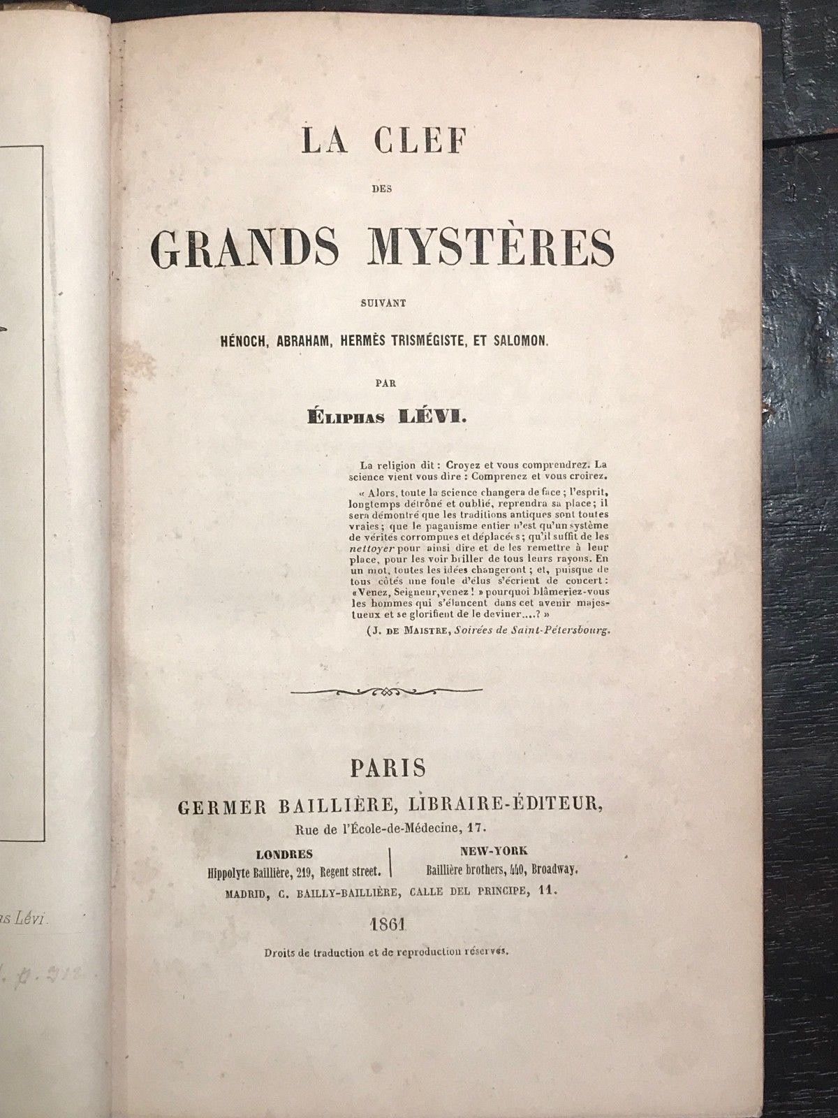 1861 - ELIPHAS LEVI - LA CLEF DES GRANDS MYSTERES 1st/1st KEY OF 