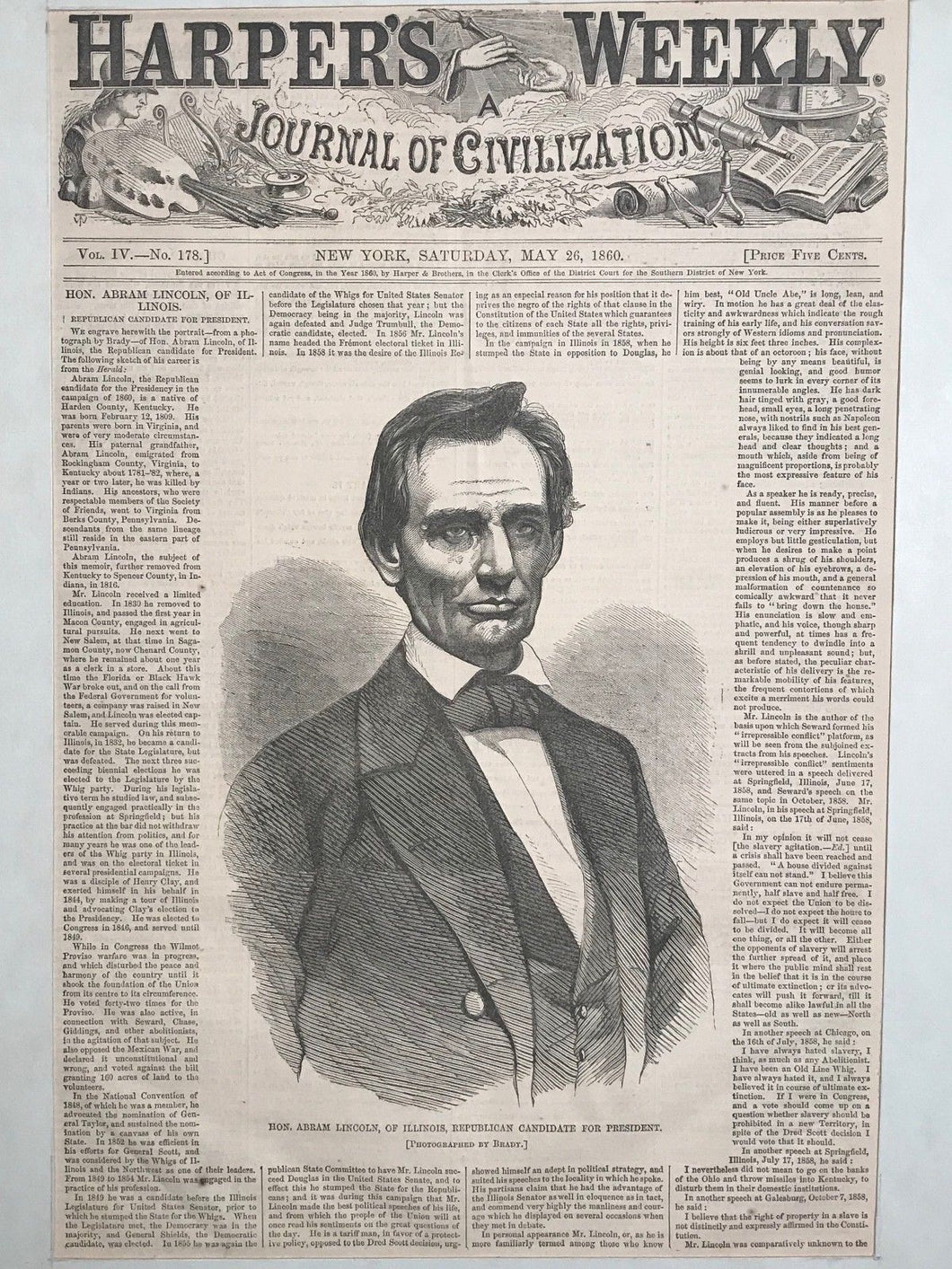 Rare ABRAHAM LINCOLN Beardless Republican President Nominee Harpers Weekly, 1860