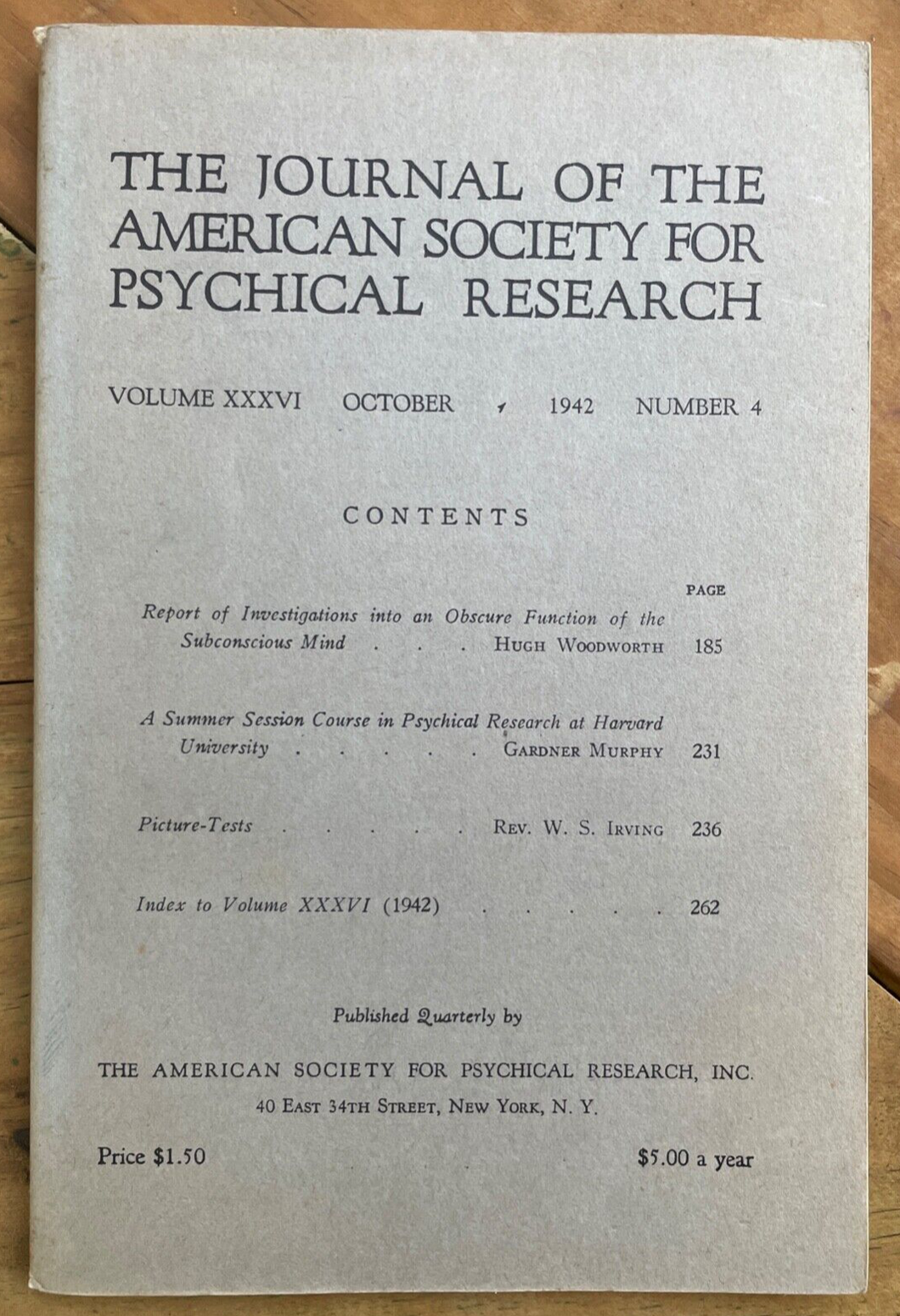 1942 JOURNAL OF AMERICAN SOCIETY FOR PSYCHICAL RESEARCH ASPR - PSYCHIC TESTING