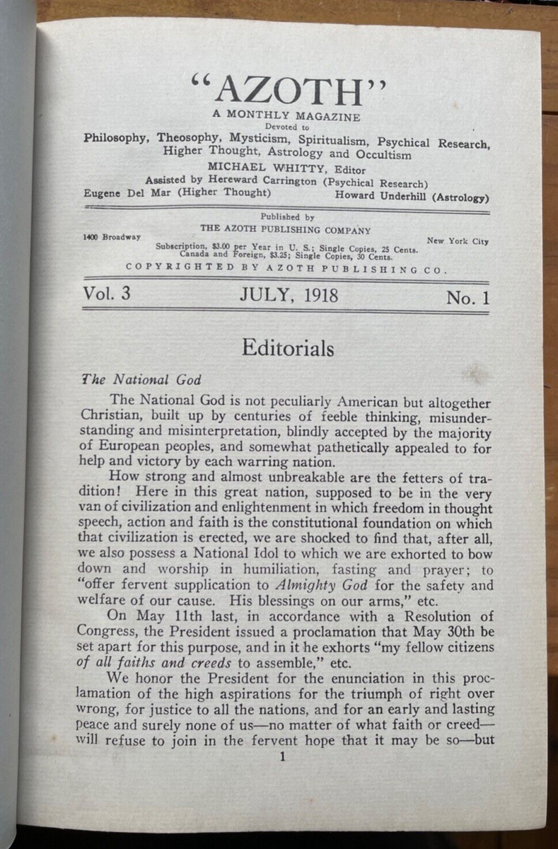 Azoth Books AZOTH MAGAZINE - July-Dec 1918, 6 ISSUES ASTROLOGY THEOSOPHY OCCULT MA ...