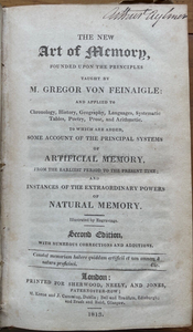 NEW ART OF MEMORY - Von Feinaigle, 1813 MNEMONICS MENTALISTS MAGIC MEMORIZATION