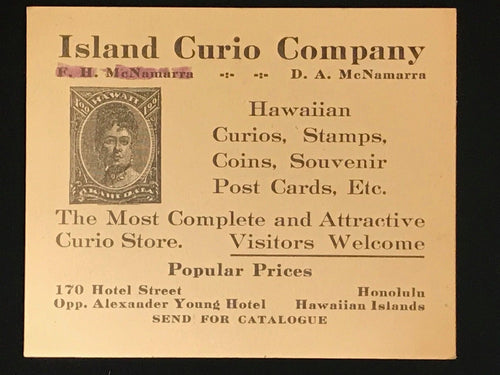 ISLAND CURIO COMPANY ADVERTISING CARD - HAWAII 1912, Lili'uokalani - SCARCE