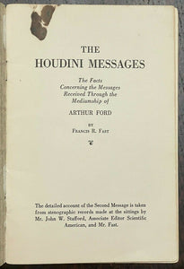 THE HOUDINI MESSAGES - 1st 1929 - ARTHUR FORD, MEDIUMSHIP, SPIRITUALISM, PSYCHIC